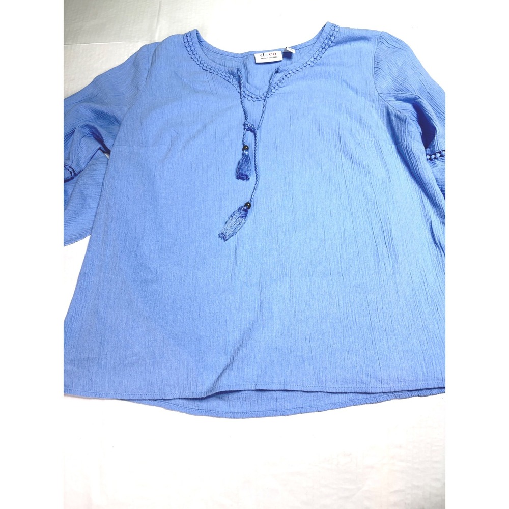 Denim & Co Blue Textured Gauze Tassel Tie Bell Sleeve Blouse Large